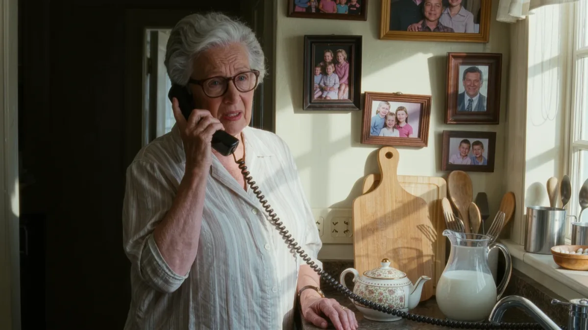 Elderly woman answering a worrying phone call in her kitchen
