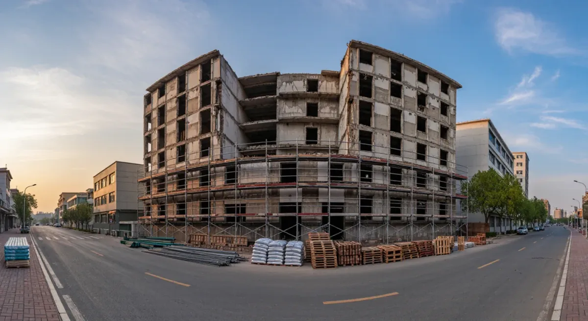 Reconstruction scaffolding on a damaged city building