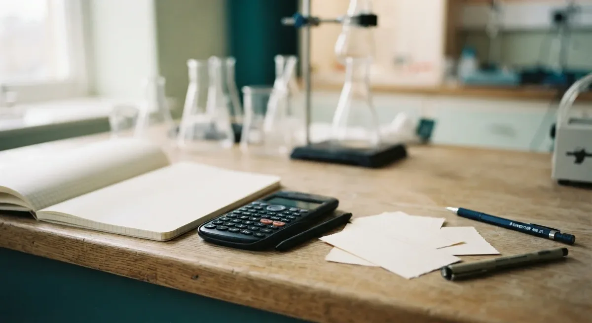 Laboratory notebook and calculator beside scattered data cards