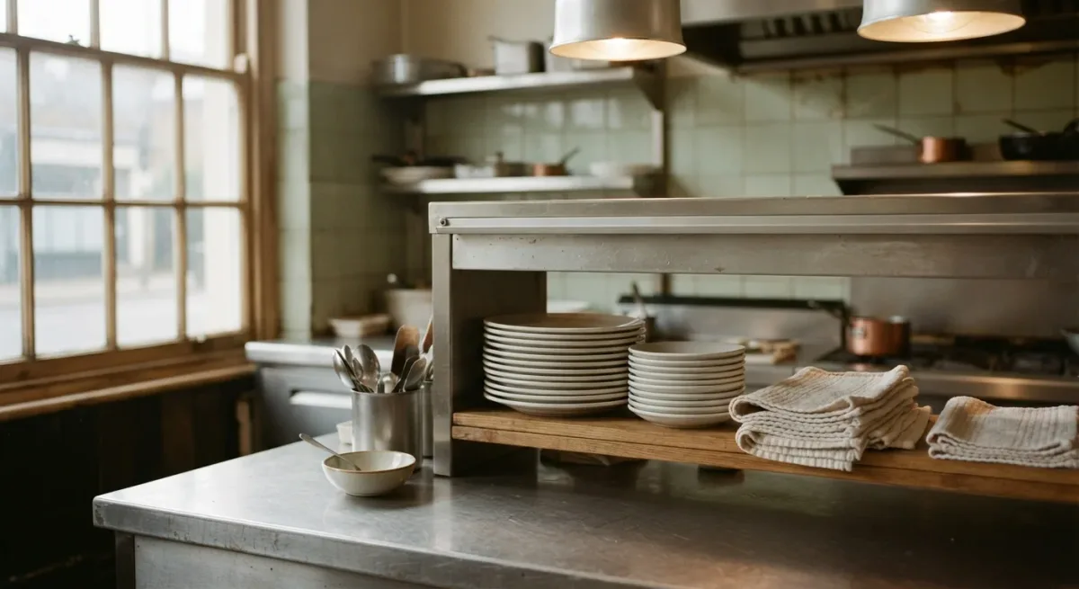 Empty restaurant service station with ticket rail and stacked plates