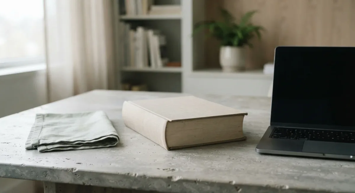 Bound regulation volume beside a closed laptop on a cool stone desk