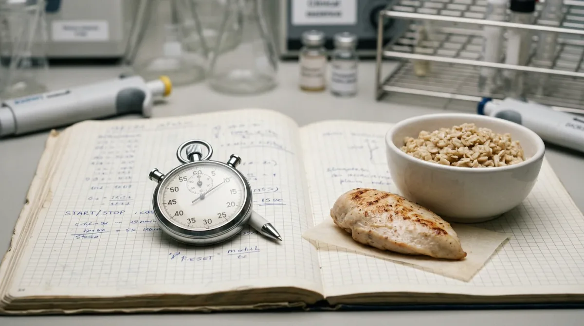 A stopwatch face dissolving into simple line-art food icons (a protein source, grains), muted lab-notebook color palette, no people, no gym setting, no befor.