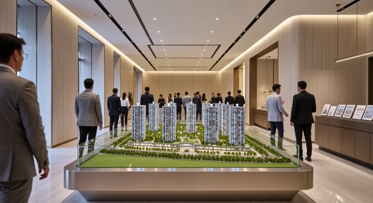 Buyers and agents reviewing a scale model of a Dubai residential development in a sales gallery