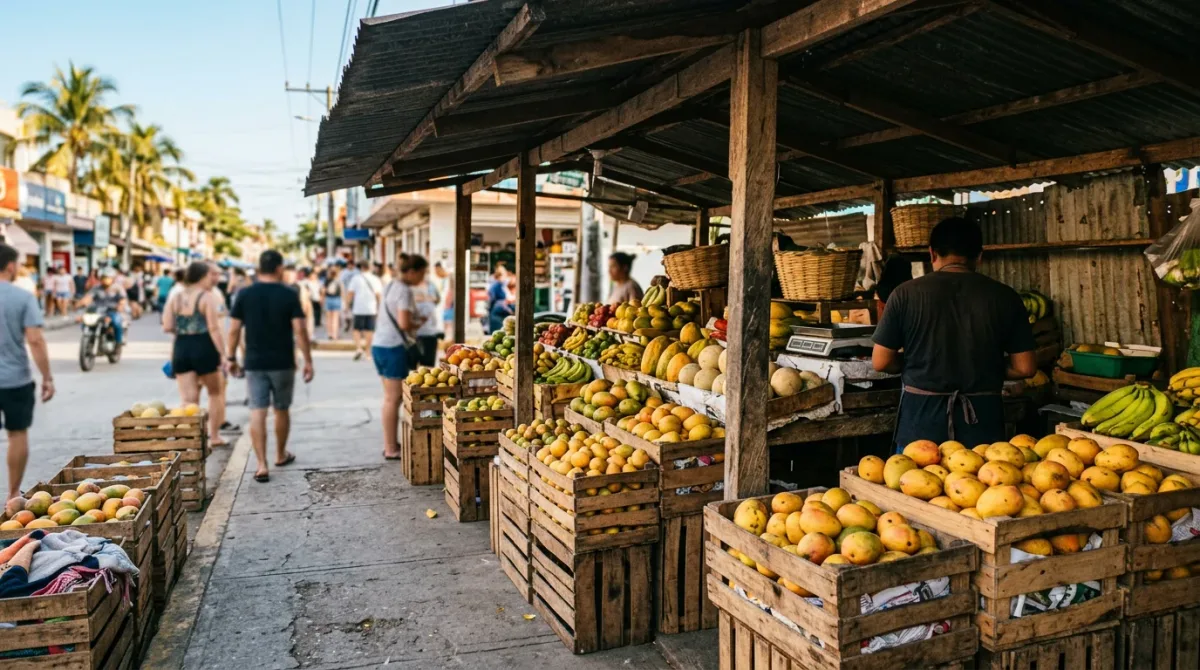 An open-air Little Havana fruit stand under a simple roof, crates of mangoes and mameys stacked along the sidewalk, a Cuban flag and a small pig in the background, re.