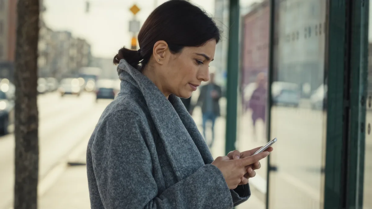 Commuter checking location permission popup on a phone at a bus stop