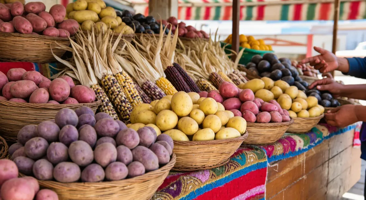 Peruvian potatoes and native corn in a market stall