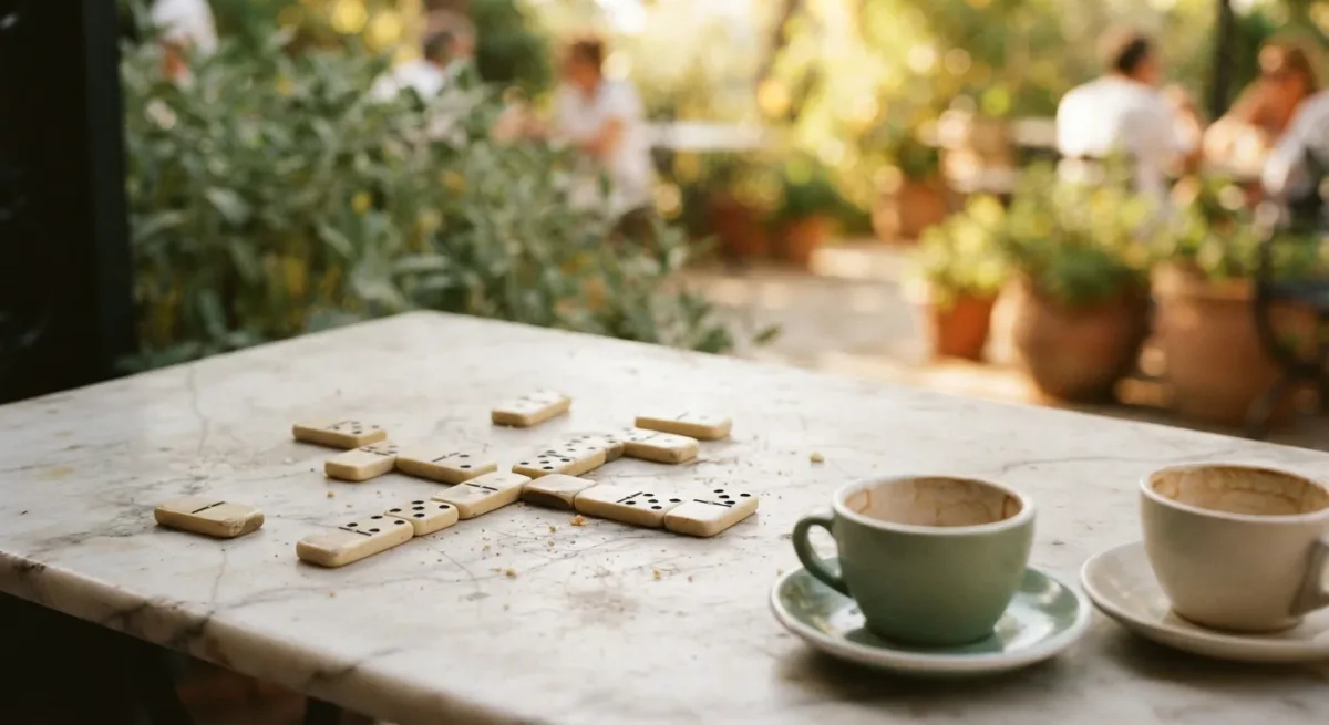 Domino tiles scattered on a marble table in shade