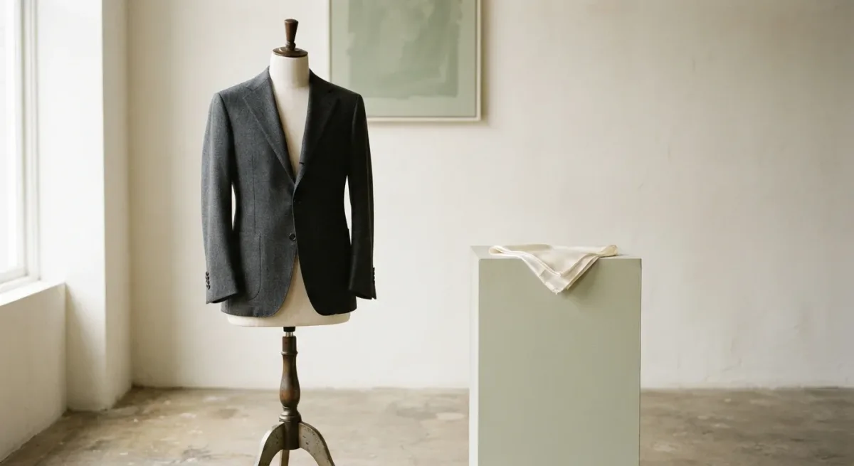 Dress form with charcoal tailored jacket under gallery light