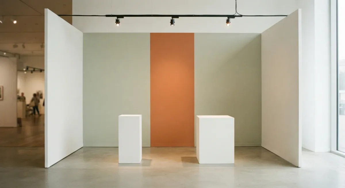 White-cube booth with plain plinths under fair lighting