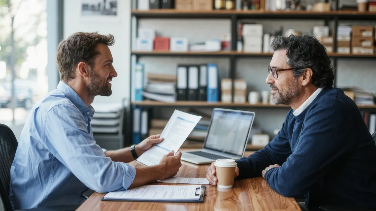 Insurance broker reviewing a cyber policy with a small business owner