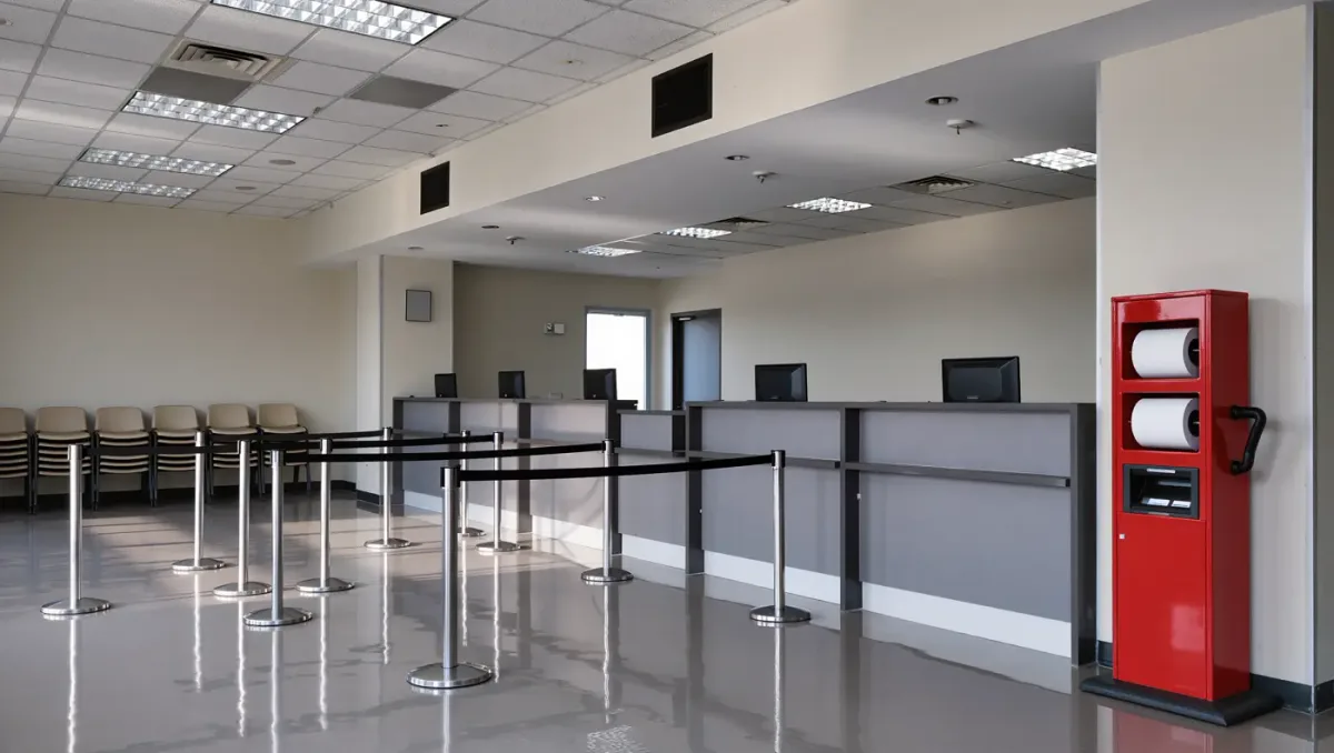 Empty intake counter with numbered queue ticket dispenser inside a federal agency field office