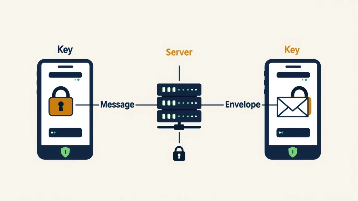 Two phones exchanging a locked message across a server