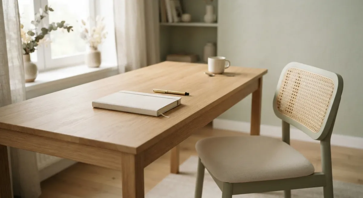 Notebook and pen on desk beside empty meeting chair