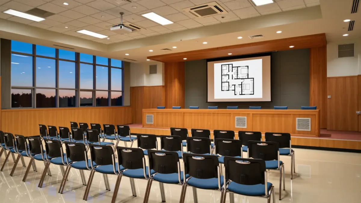 Empty school board meeting room with a facility diagram displayed on a screen at dusk