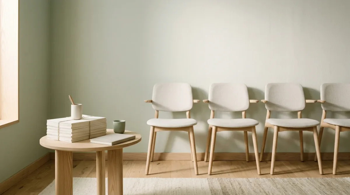 Empty conference room with documents and chairs in morning light