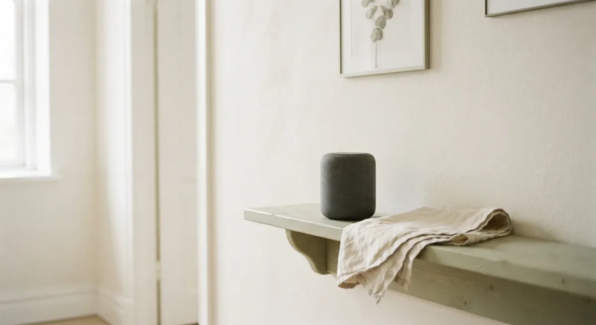 Smart speaker on a hallway shelf in soft morning light