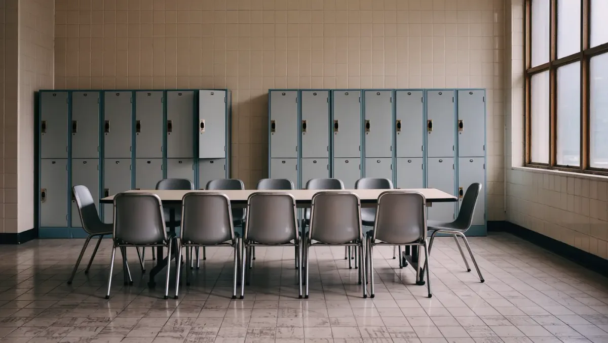 Quiet break room with empty chairs and a wall of small lockers