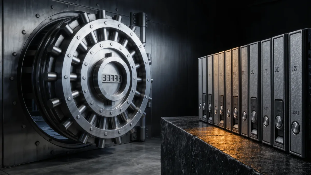 Close-up of a reserve vault door beside sealed ledger drives