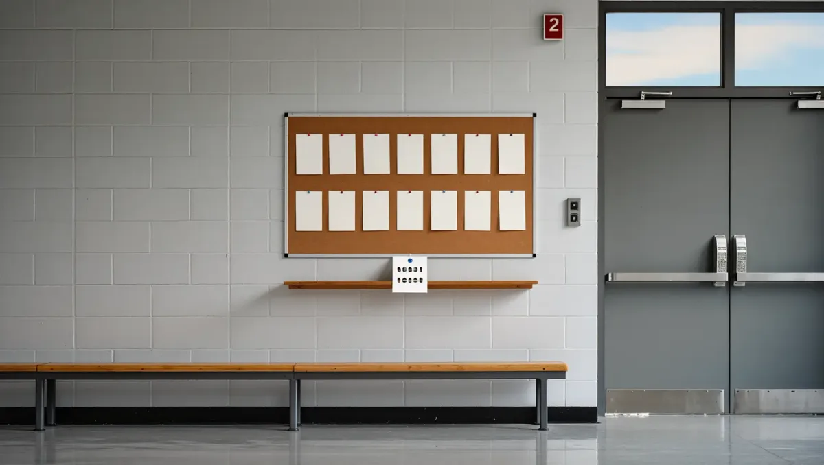 Corkboard with pinned cards and a time card on a break-room shelf