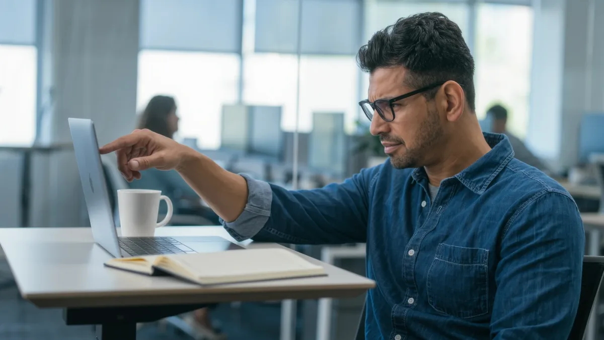 Office worker pausing over a suspicious email on a laptop