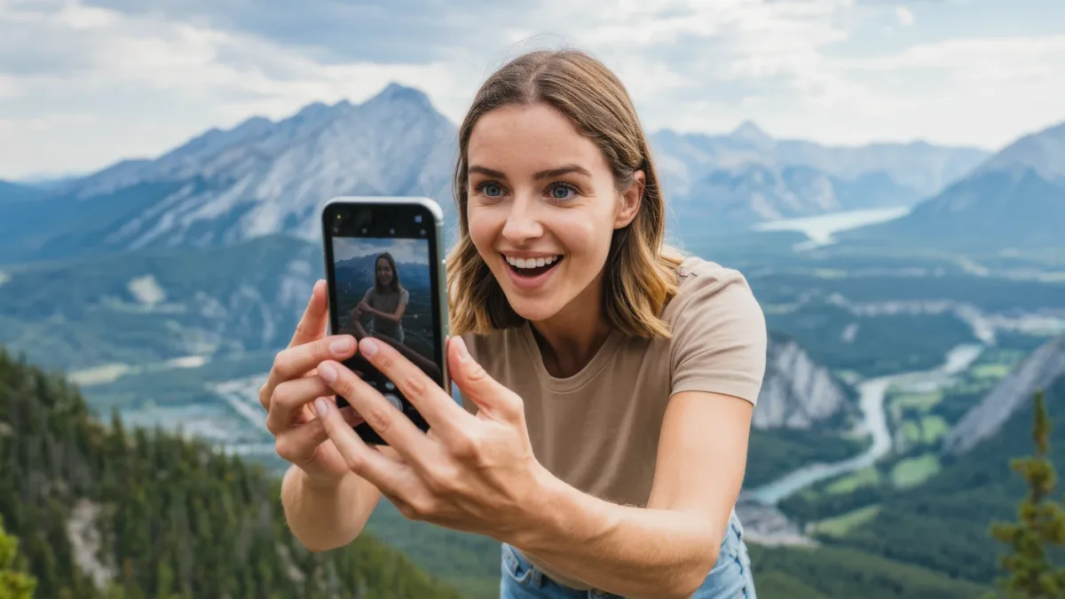 Traveler using AI photo cleanup on phone outdoors