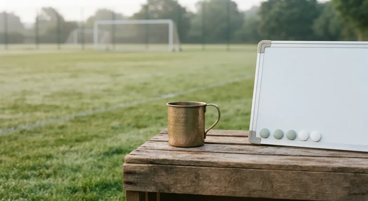 Trophy-shaped object silhouette beside tactics board on grass