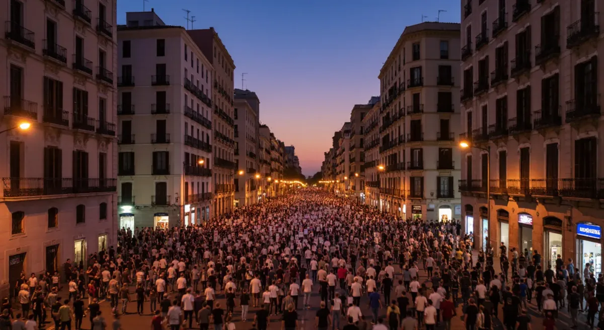 Demonstrators marching along a city avenue at dusk