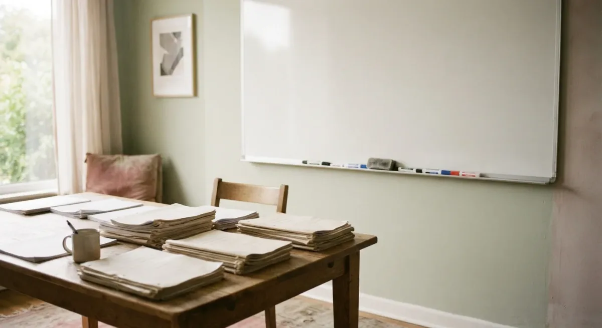 Blank whiteboard, markers, and stacked scripts in dim writers' room