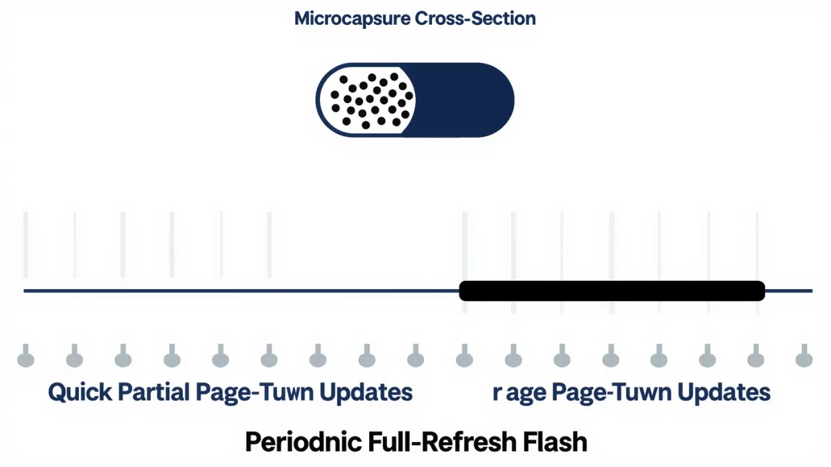 Infographic showing partial and full e-ink refresh cycles over time