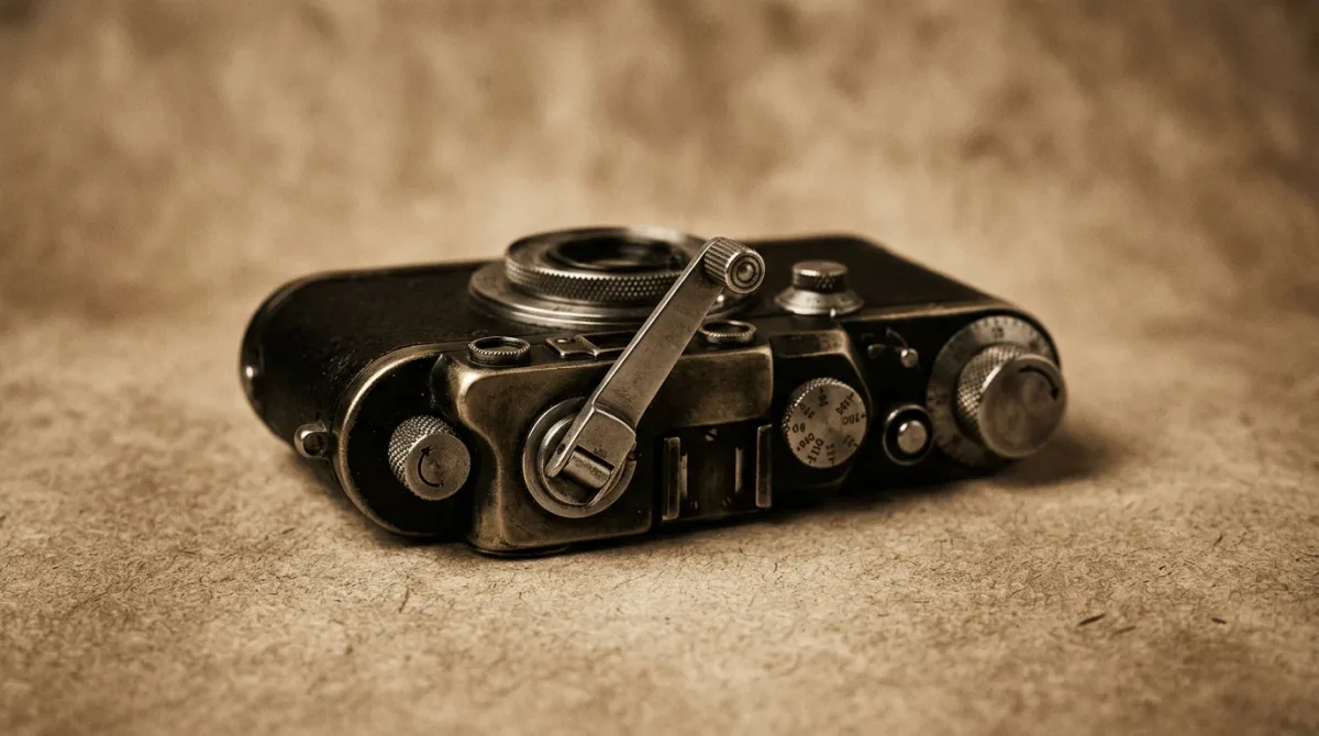 The Pentax 17's body with its manual winding lever mid-stroke, set against a warm gelatin-silver-print background that echoes the site's signature tone.