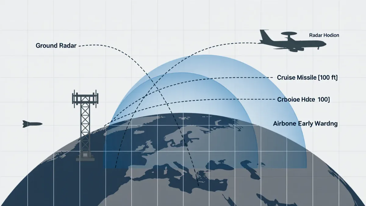 Why low-flying cruise missiles vanish from ground radar and how airborne cueing finds them