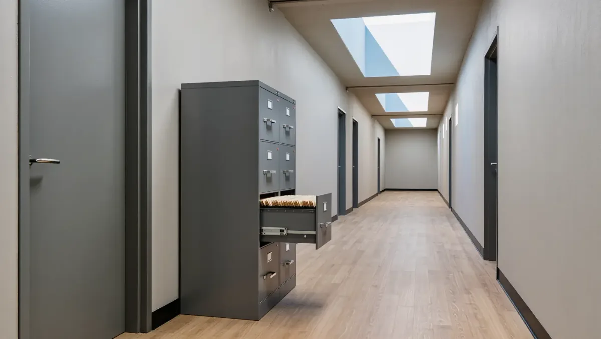 Locked metal personnel file cabinet in an office corridor under skylight