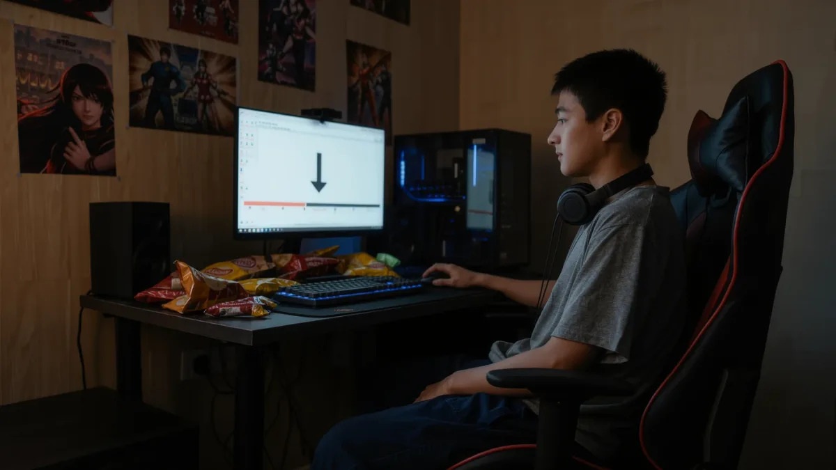 Young gamer downloading a suspicious game file at a cluttered desk