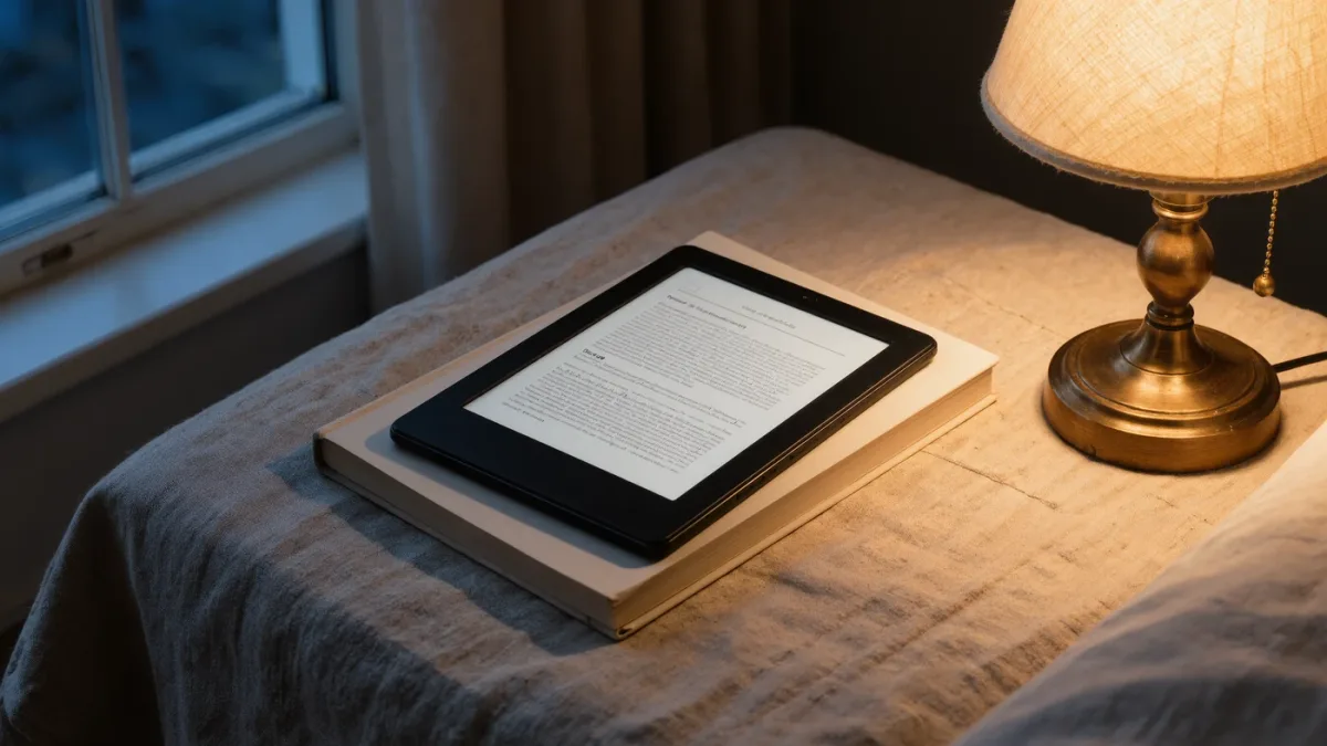 Nightstand with an e-reader, a print book and reading lamp at dusk