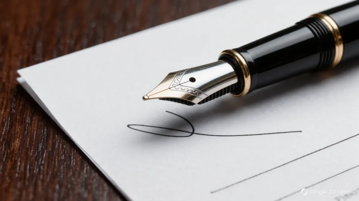 Close-up of a signed term sheet with a fountain pen resting on it