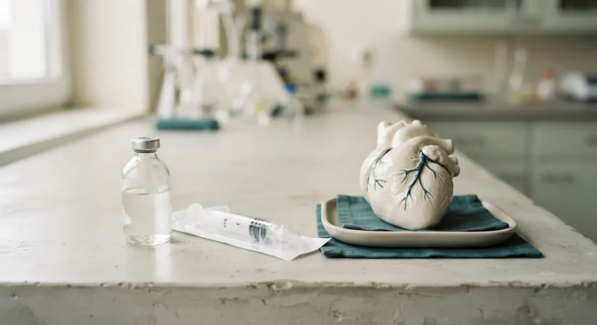 Vial, syringe, and heart anatomical model on a laboratory bench