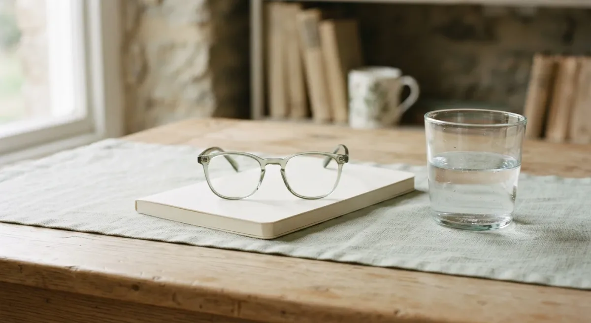 Plain notebook, glasses, and water glass on neutral desk in daylight