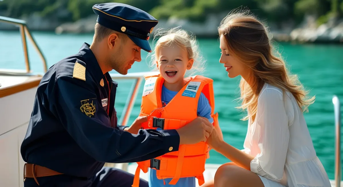 Crew member fitting child's lifejacket on aft deck
