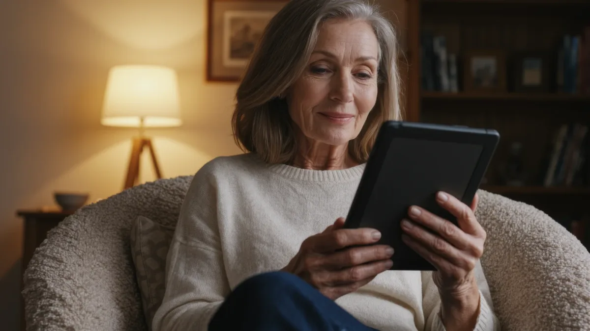 Reader comparing e-reader and tablet in armchair