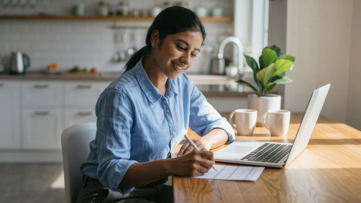 Woman crossing addresses off a printed directory at her kitchen table