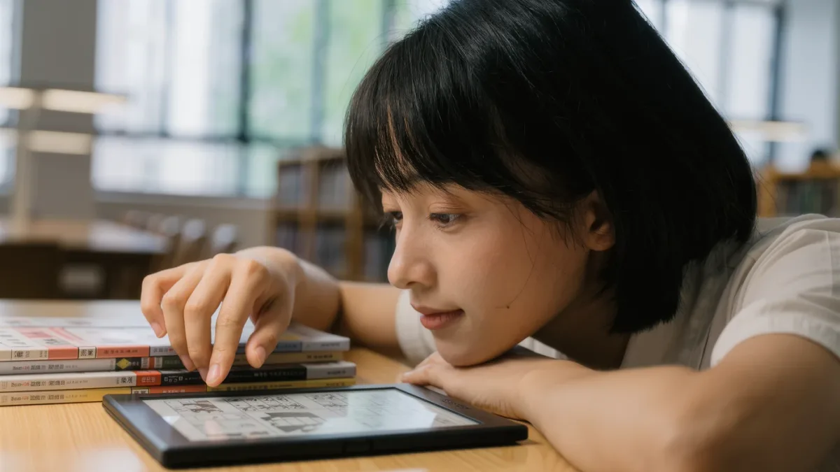 Teenager reading manga on an unbranded color e-reader at a library table