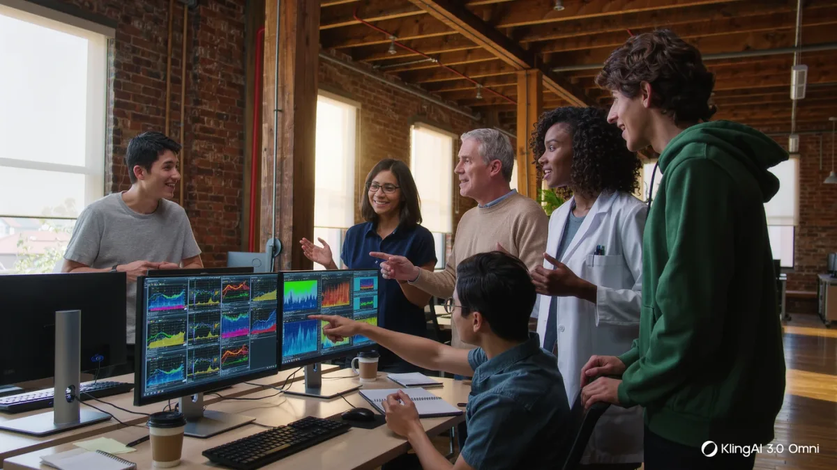 AI researchers collaborating around monitors in a startup office