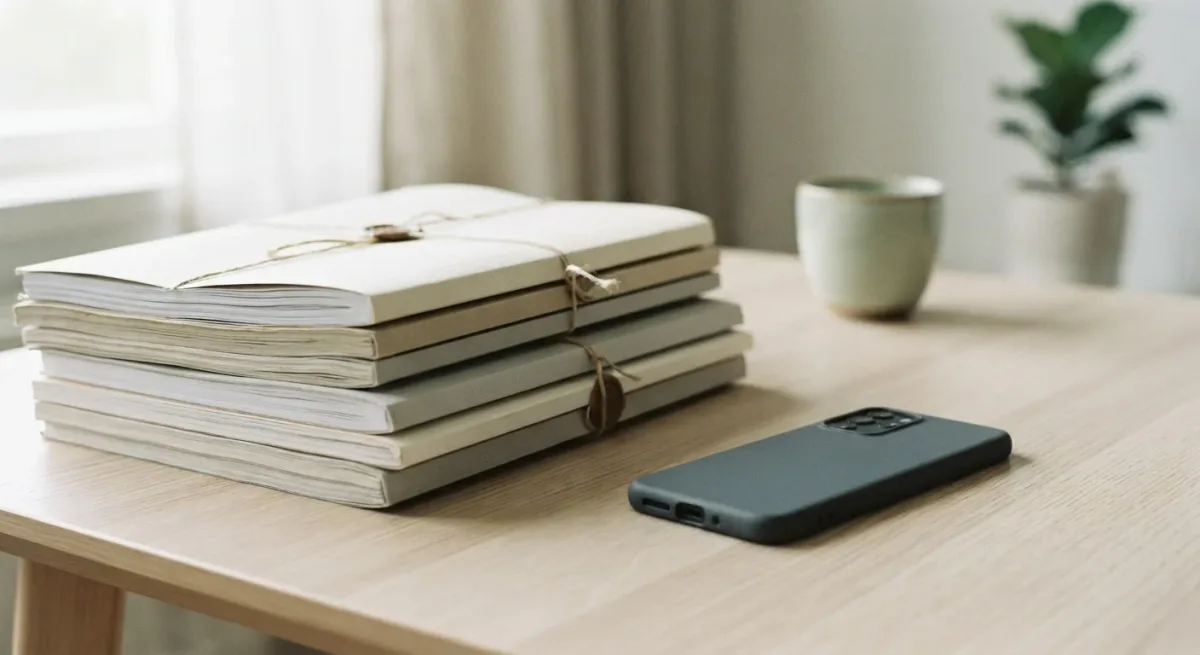 Bound decision documents stacked beside a closed smartphone