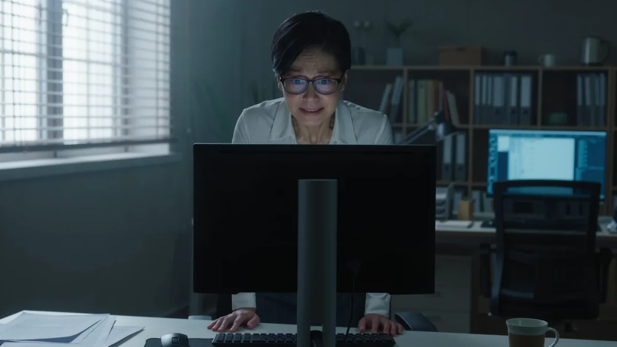 Small business owner reviewing locked office computer late at night