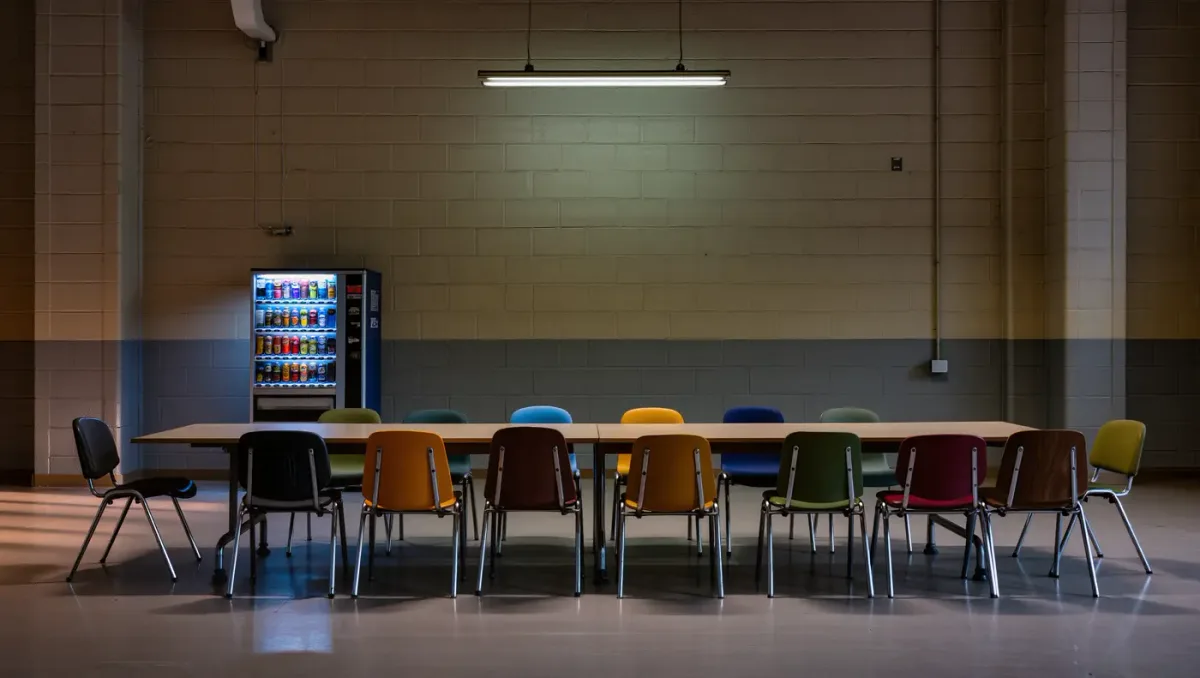 Factory break room table and vending machine