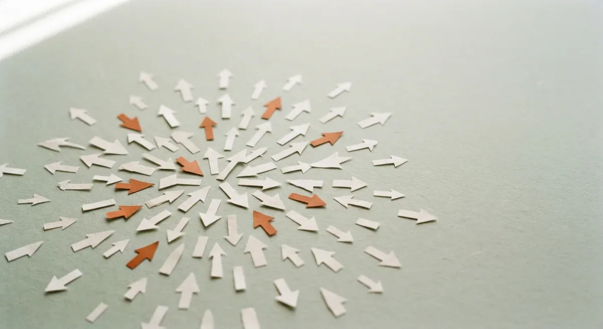 Paper arrows scattered outward from a single point