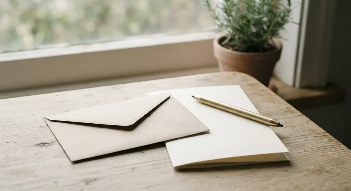 Blank bank envelope and folded paperwork on kitchen table in morning light