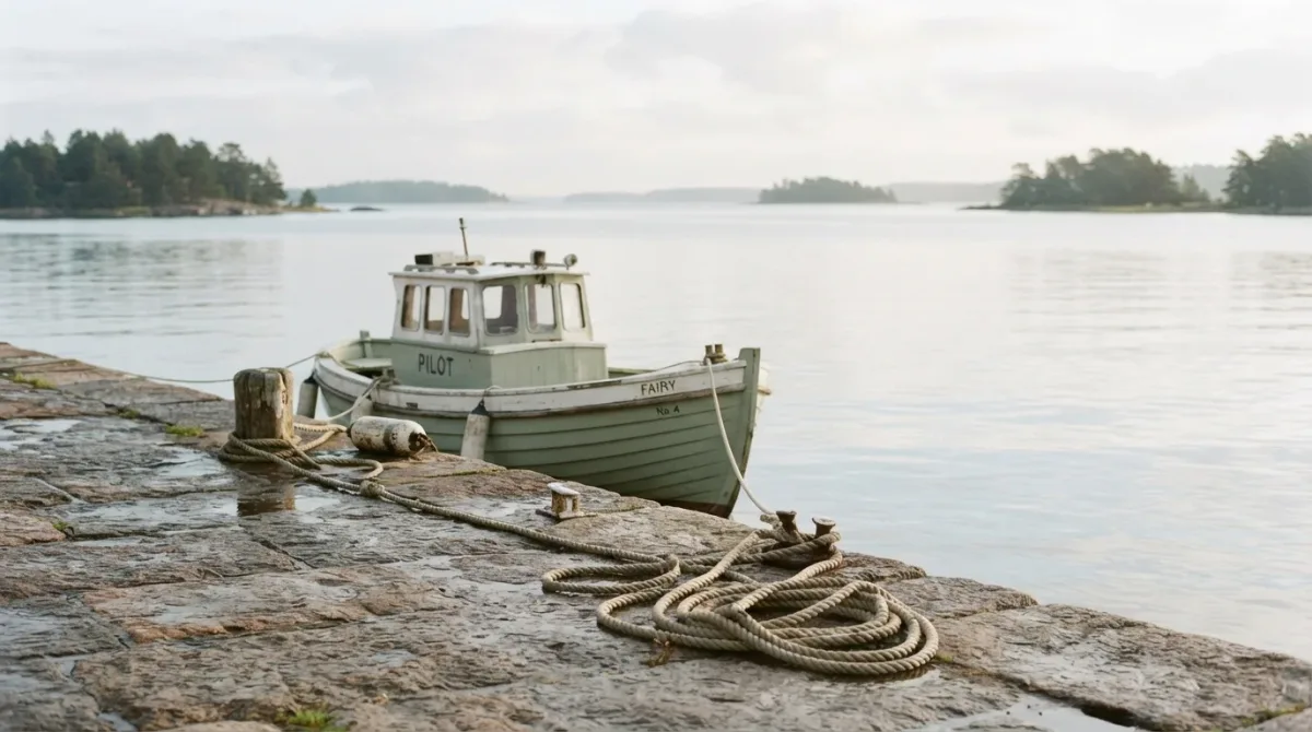 Northern harbor with stone quay and pilot boat in pale morning light