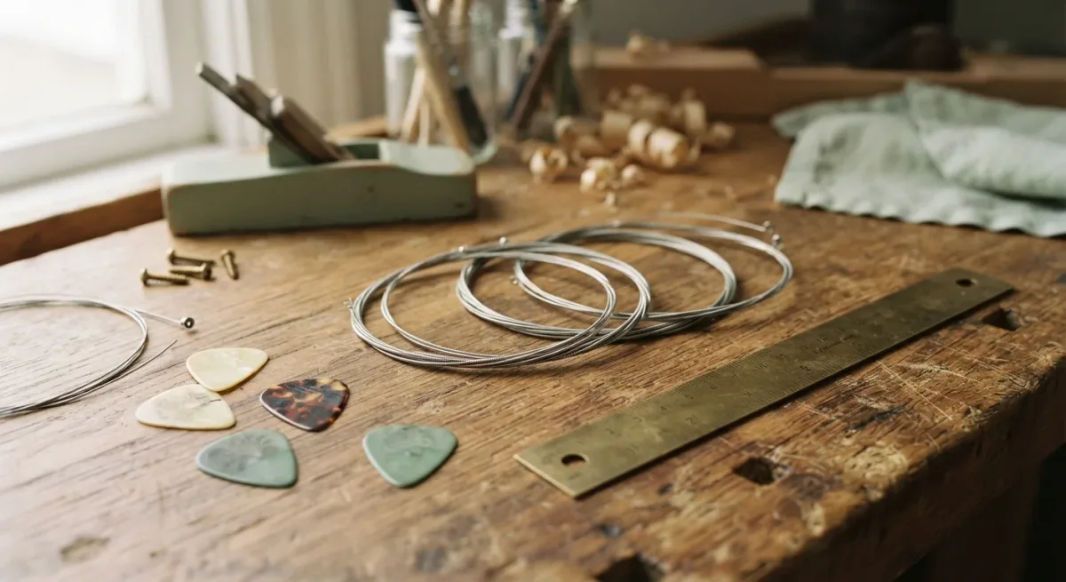 Loose guitar strings and a brass ruler on a workbench