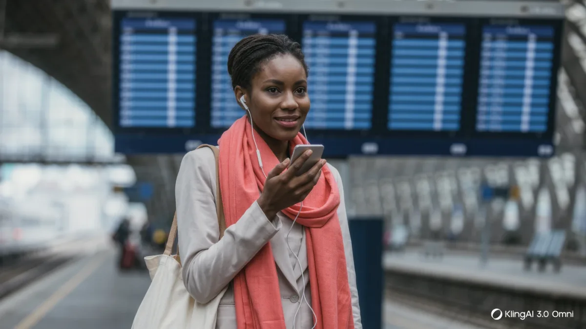 Traveler asking a phone a question beside a train departure board